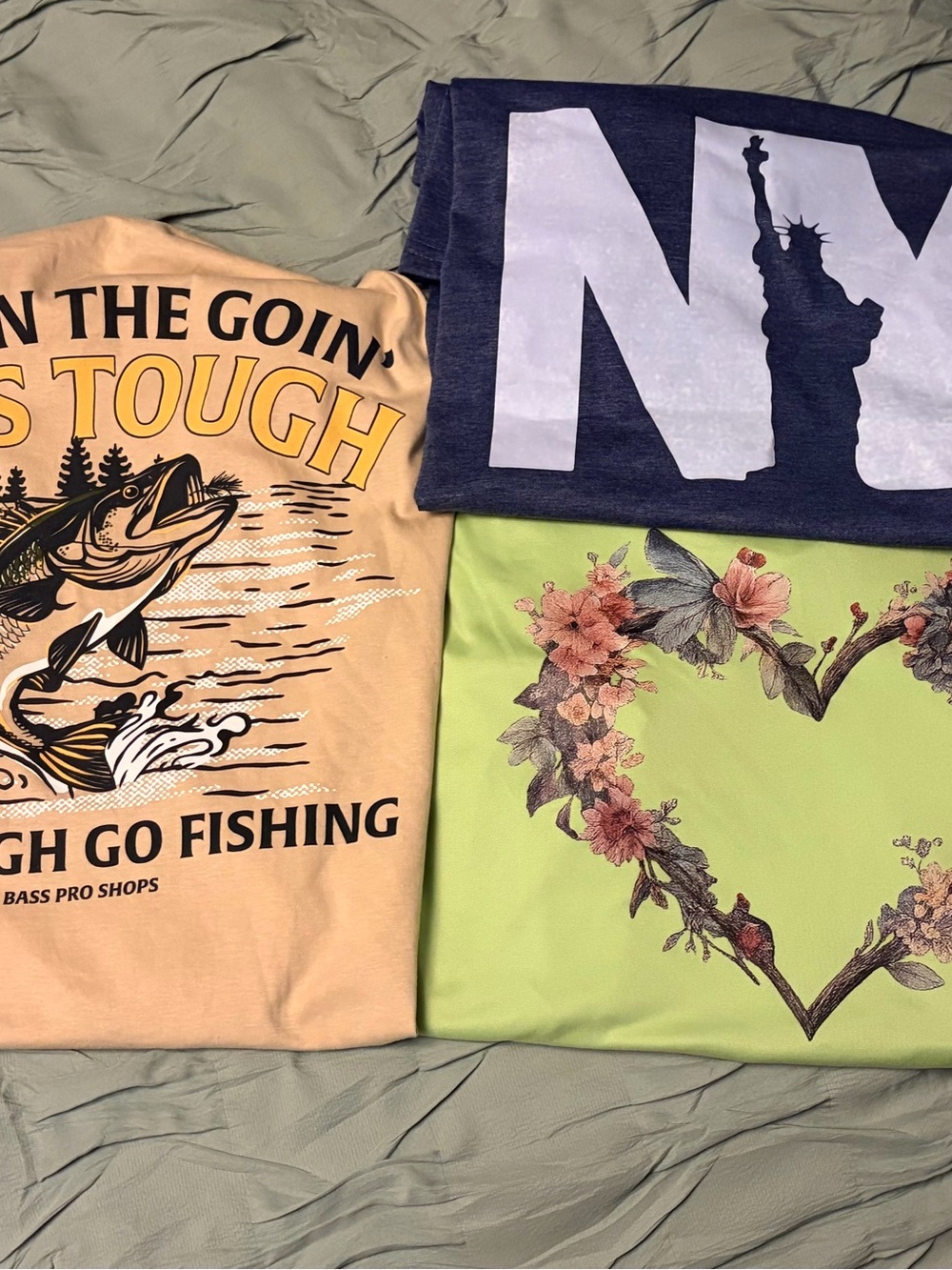 BUNDLE DEAL:  Floral Heart V-Neck Tee in Lime Green, NY Tee & Bass Pro Tee
